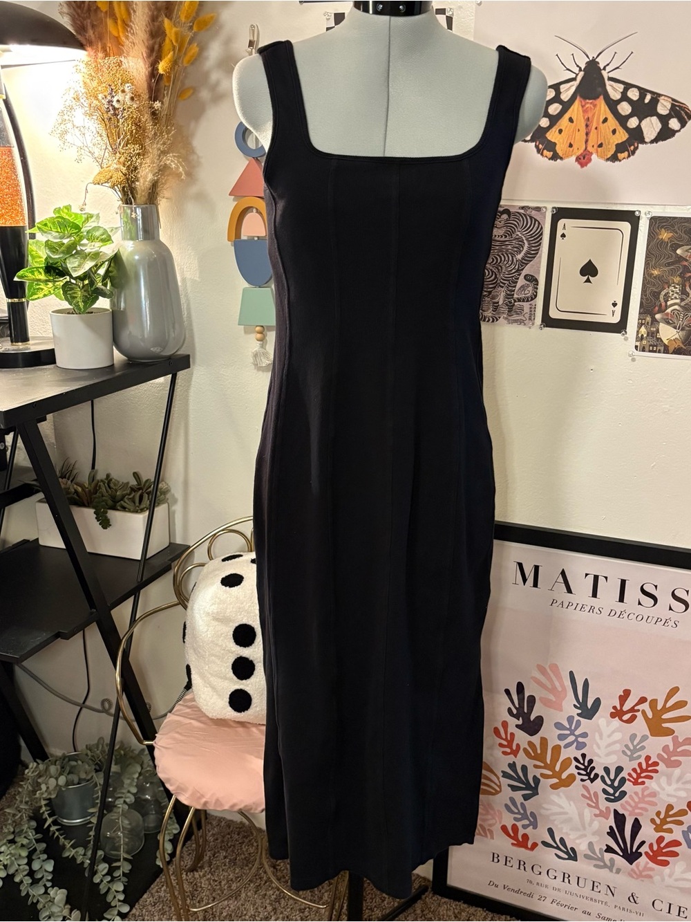 Black Ribbed Bodycon Midi Dress Built In Bra Side Slit Small 90s Y2K